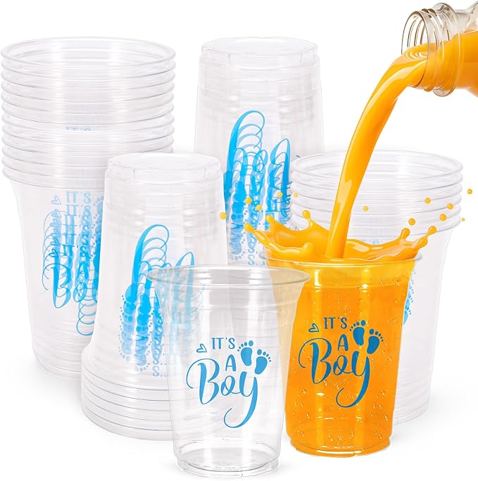 Whaline 50 Pcs Baby Shower Plastic Cups 16oz It's A Boy Clear Drinking Cup Blue Boy Gender Reveal Disposable Cups for Birthday Party Table Decoration Supplies