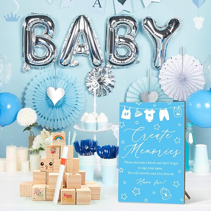 97 Pcs Blue Baby Shower Games Sign Kit,Including Decorate a Block Game Sign 72 DIY Blank Wooden Block 24 Painting Pen to Draw Your Idea for Baby Shower Game Gender Reveal Party