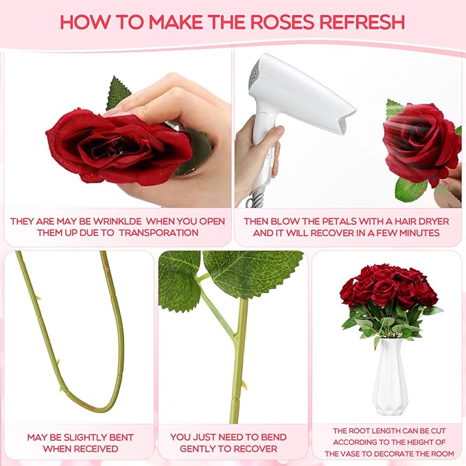 Hotop 120 Pcs Roses Artificial Flowers in Bulk,Long Stem Artificial Flower Bouquet,Silk Real Lifelike Fake Rose for Wedding Party Table Centerpieces Decor Valentines Gifts(Wine Red)