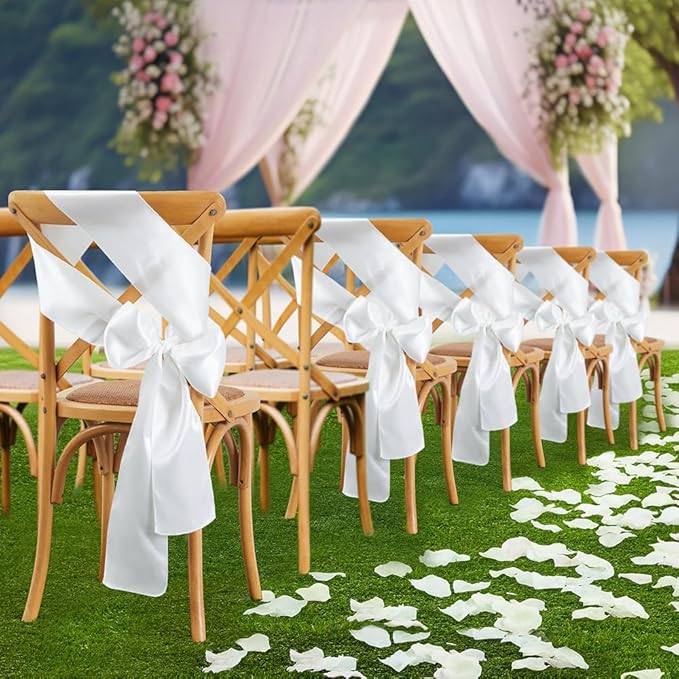 10 Pcs White Satin Chair Sashes Bows Universal Chair Cover for Wedding Reception Events Banquets Party, Hotel Event Decorations, 6 x 108 inch