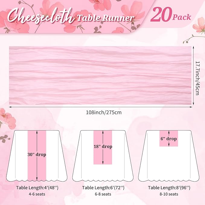 20 Pack Cheesecloth Table Runner Light Pink, Rustic Boho Gauze Fabric Table Runner Romantic Table Runner for Wedding, Festival, Birthday, Anniversary, Dinner and Outdoor Events (17.7 x 108 inch)