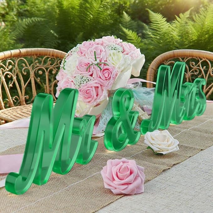 Mr & Mrs Sign for Wedding Table Decor,Large Acrylic Mr and Miss Sign,Photo Props, Freestanding Wedding Centerpiece Table Letters Wedding Decorations for Anniversary,Engagement,Party (Translucent Green, 0.78'')
