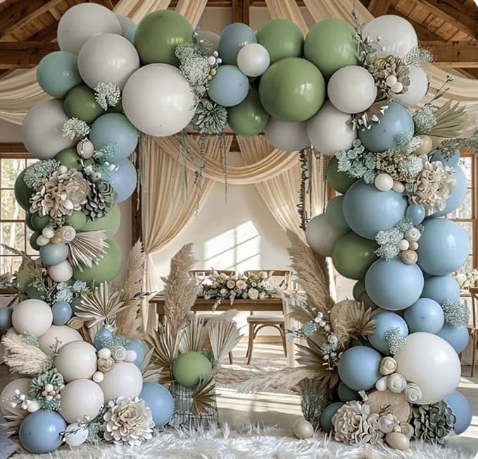 Dusty Blue Green Balloon Garland Arch Kit Double Stuffed Avocado Green Balloons Thick Latex White Sand Pastel Blue Balloons Kit For Jungle Safari Neutral Birthday Baby Shower Party Deocrations