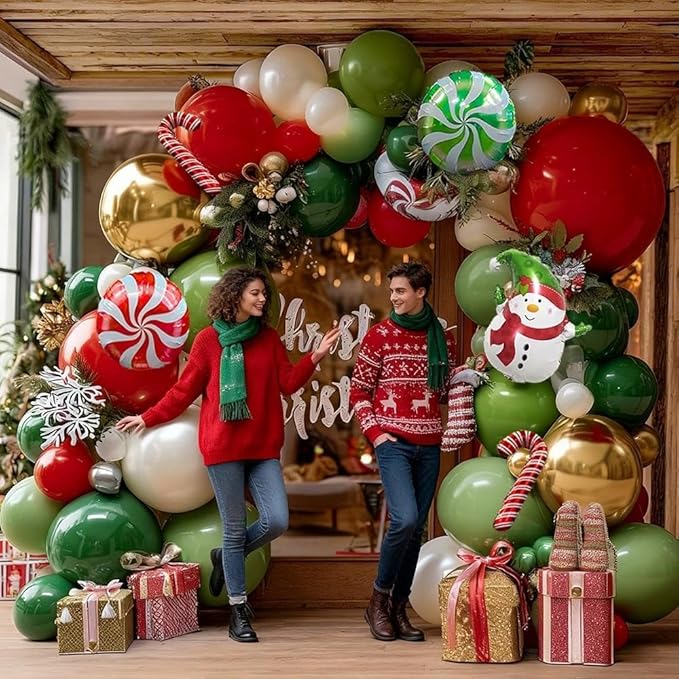 Christmas Balloon Arch Kit, Double Stuffed Sage Green Red White Gold Pearl Balloon Garland Cane Santa Claus Balloons for Xmas Christmas Holiday New Year Birthday Party Decorations
