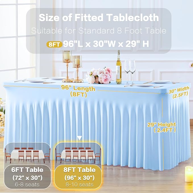 gogoparti 4 Pack Spandex Baby Blue Fitted Table Cloth for 8ft Rectangle Tables Light Blue Stretch Tablecloth Banquet Table Covers Wrinkle Free Tablecloths for Parties Wedding