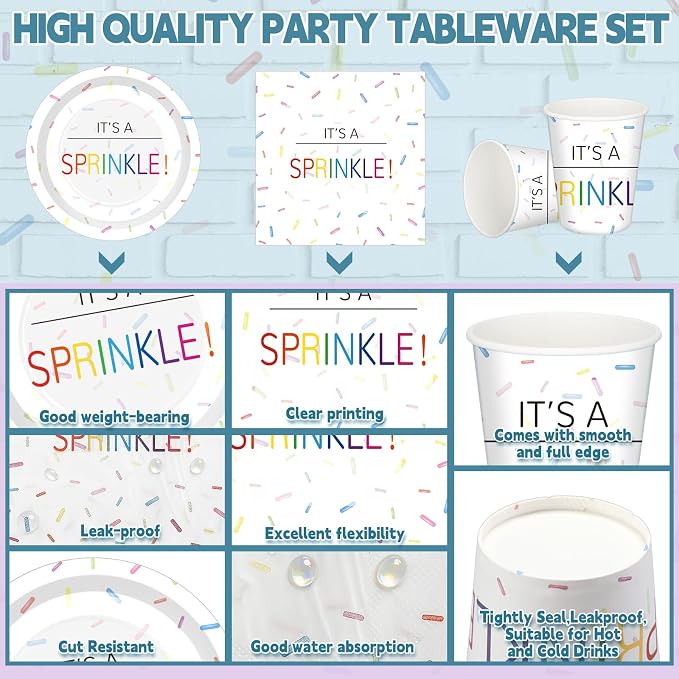 Hushee 200 Pcs It's a Sprinkle Baby Shower Paper Plates Cups Napkins Party Supplies Tableware Set Disposable Cup Napkin for 50 Guest Party Decoration