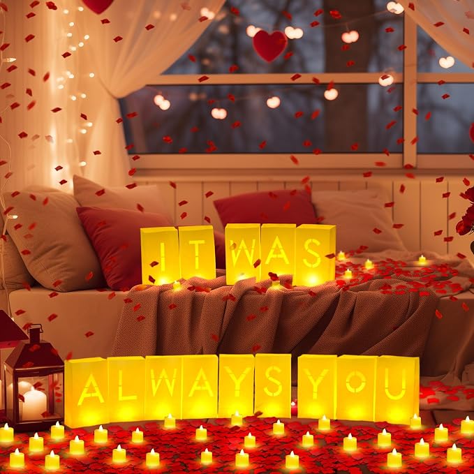 Aurelema 6086 Pcs It was Always You Light up Letters with LED Flameless Tealight Candle Red Rose Petal Letter Luminary Paper Bag for Valentine's Day Decoration Proposal Romantic Special Night Decor