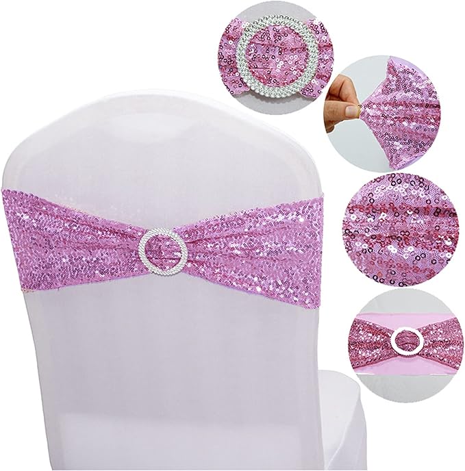 Dimatic 10 PCS Stretch Sequin Chair Sashes Chair Stretchy Spandex Bands for Wedding Reception Events Banquets Chairs Decoration (Purple)