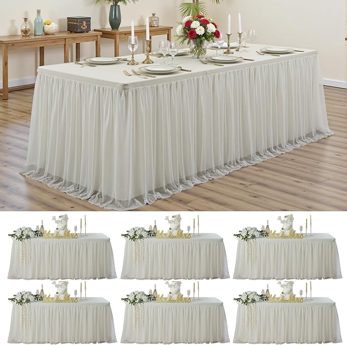 6-Pack Ivory Tulle Tablecloth for 8 Ft Rectangle Tables – Elastic Spandex Table Cover with Tutu Skirt, Wrinkle Free for Wedding, Birthday Party, Banquet Buffet, Craft fairs