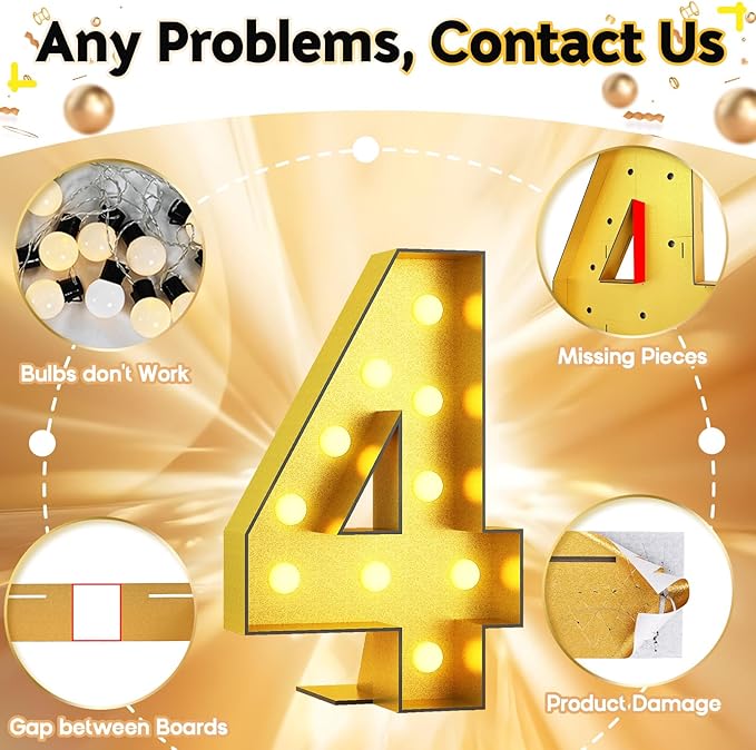 Light Up Number 4, Marquee Light Up Numbers Gold 4FT, Large Led Numbers Lights for 4th Birthday, 4 Feet Tall DIY Frame Pre-Cut Foam Board Kit for Night Light Party Anniversary Decorations
