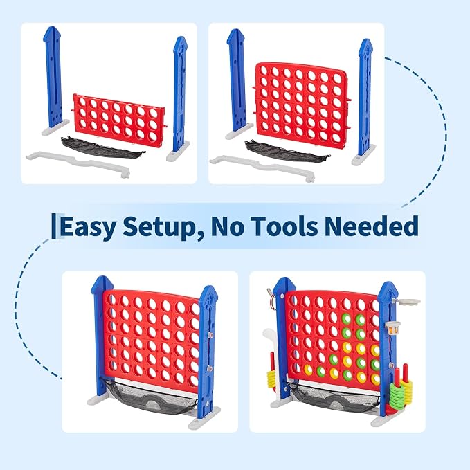 Giant 4-in-a-Row Game Set, Whale Design 4-in-1 with Basketball Hoop, Golf, Ring Toss, 42 Jumbo Rings, Adjustable Height, Quick-Release Catch Net - Outdoor Play for Kids & Adults