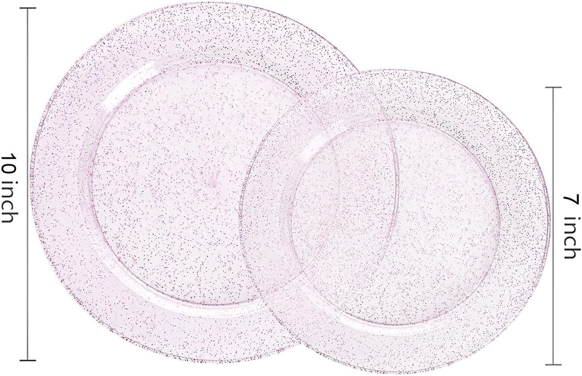 WDF 200PCS Pink Plastic Plates - Rose Gold Glitter Plastic Plates - Heavy Duty Pink Glitter Disposable Plates for Wedding Baby Shower Spring Birthday Mother's Day