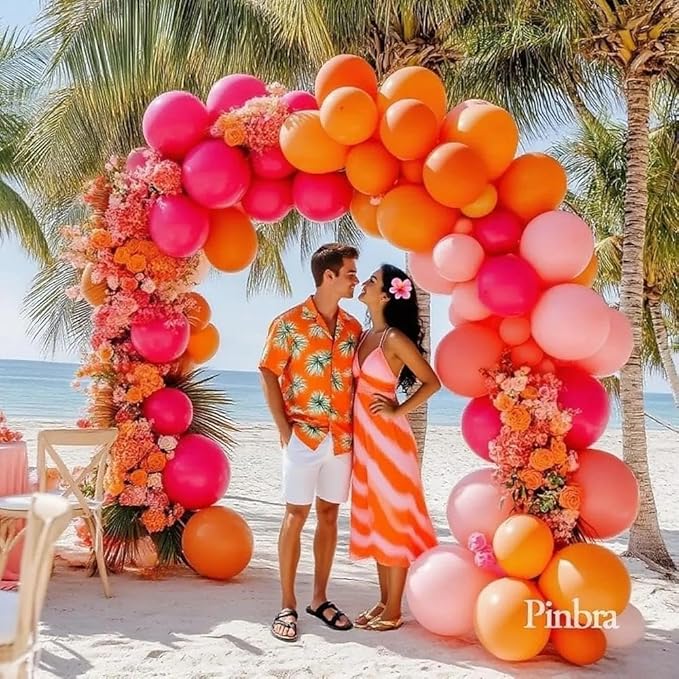 Pink Orange Balloon Garland Double Stuffed Hot Pink Orange Gold Metallic Pastel Balloon Arch Kit for Birthday Baby Bridal Shower Wedding Mother's Day Tropical Party Decorations