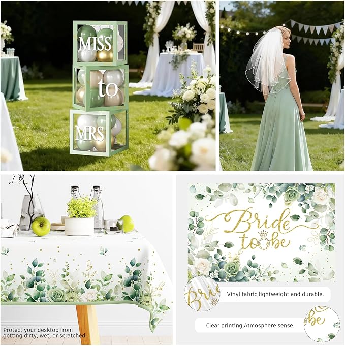 cocomigo 320 PCS Sage Green Bridal Shower Decorations, Hassle-Free One-Stop Set for 25 Guests, With Bride to Be Balloon, Backdrop, Plates and Napkins, Easy Setup for Female Bridal Shower