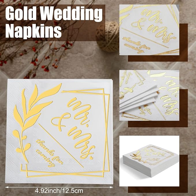 Tinlade 300 Pcs Mr and Mrs Wedding Napkins for Reception 3 Ply Gold Disposable Cocktail Dessert Napkins Beverage Decor for Engagement Table Decorations Bridal Shower Party Supplies,5 x 5 Inch
