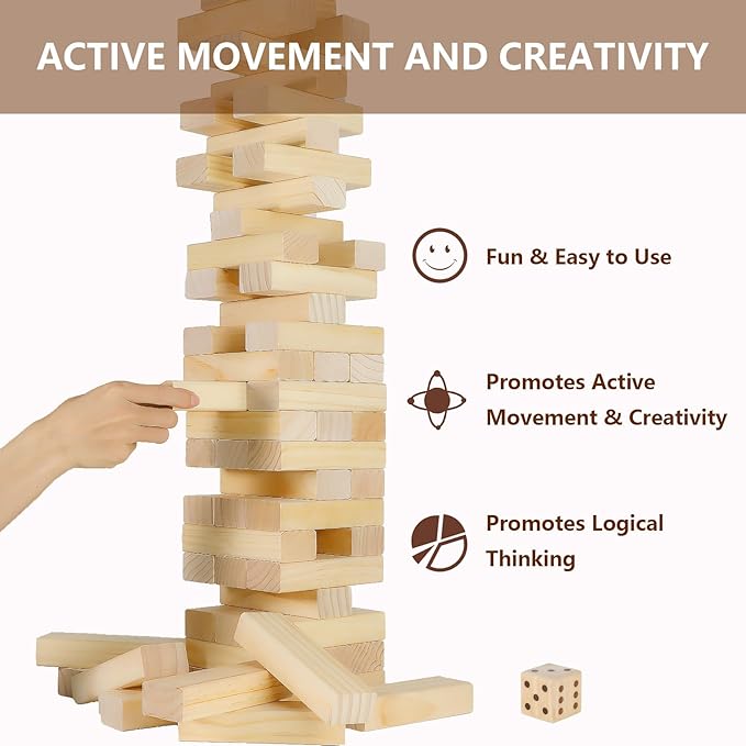 Aivalas Medium Tumble Tower 60PCS Wooden Block Stacking Yard Games with Carrying Bag Indoor & Outdoor Game for Kids and Adults Party Games for Backyard Lawn Beach Camping (Over 3.2 Ft)