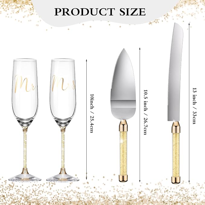 Boao 4 Piece Wedding Cake Knife and Champagne Flutes Server Set Mr and Mrs Toasting Flutes Crystal Rhinestone Cake Cutting Set for Bride and Groom Wedding Engagement Bridal Shower Gifts(Gold)