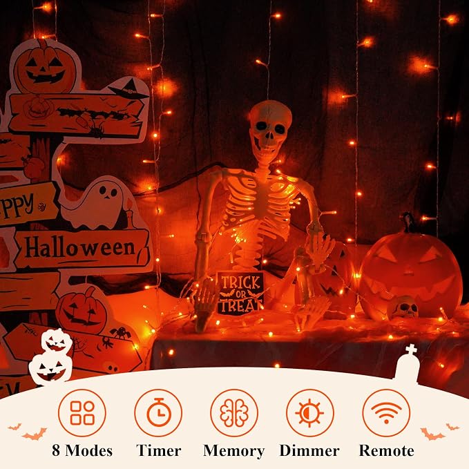 QITONG 2 Pack Orange Battery Operated Halloween Lights, Each 33ft 100 LED String Lights Outdoor Waterproof with Remote, Clear Wire Christmas Twinkle Lights with 8 Modes Indoor