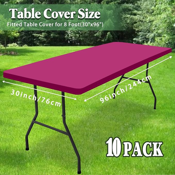 10 Pack Picnic Table Cover Elastic Fitted Outdoor Tablecloths for 8 Foot Rectangle Tables Waterproof Stretch Washable Patio Folding Spandex Table Cloth Camping Banquet Parties (Hot Pink,30" x 96")