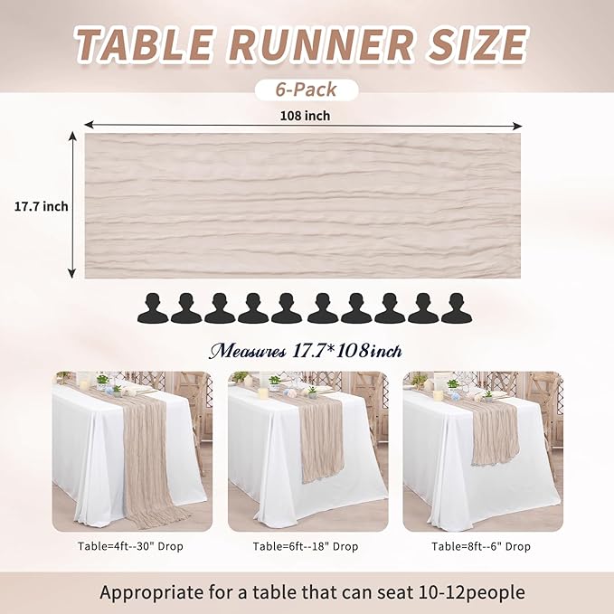 6 Pack Cheesecloth Table Runner,Brown Grey Table Runner Long Romantic Semi Sheer Rustic Boho Gauze Table Runners for Wedding Bridal Shower Birthday Party Decorations(17.7×108 Inch)