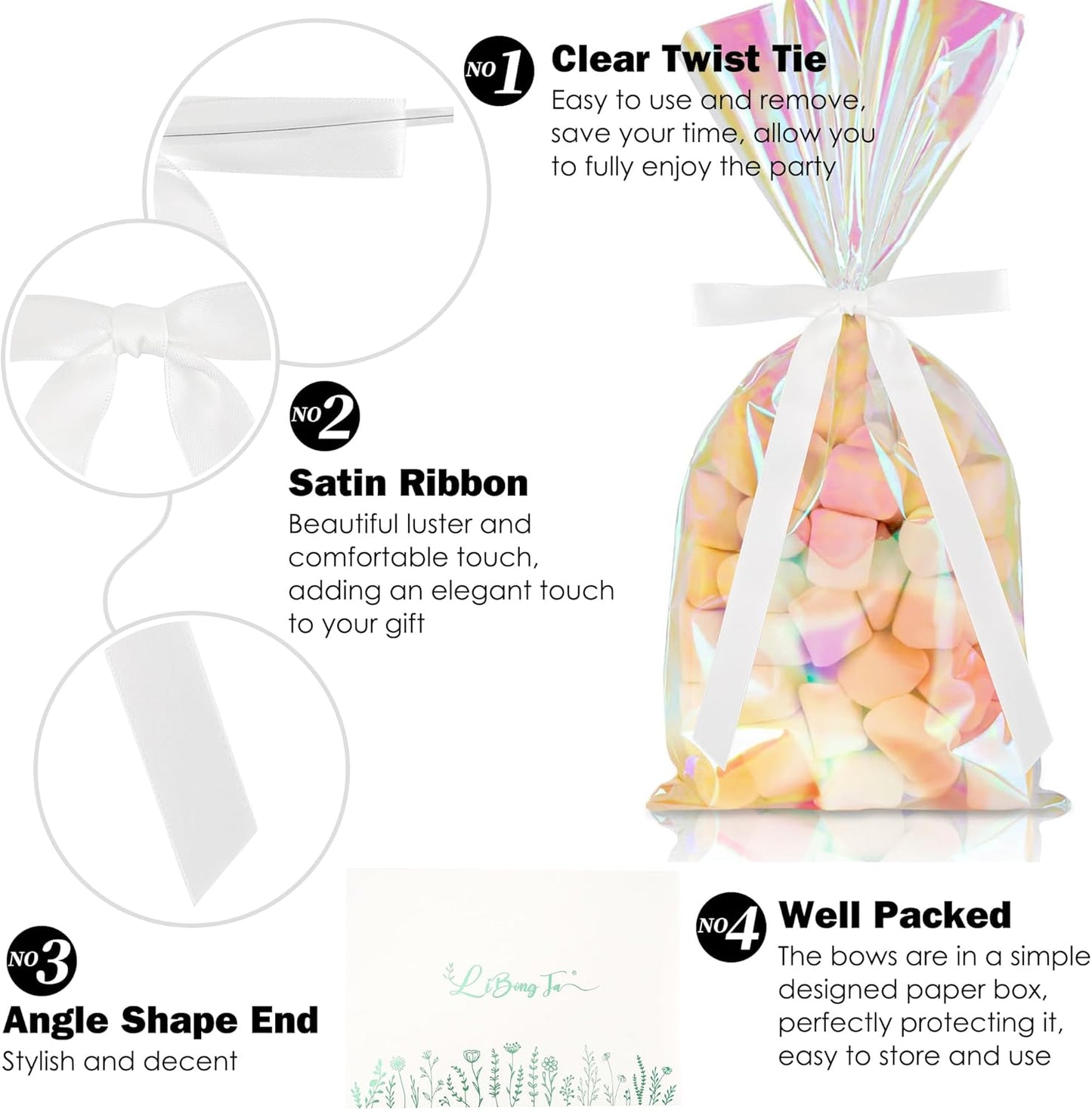 50 PCs White Bow 5 Inch Long Tail Bows for Gift Wrapping, Easter Bow Party Decorations, Twist Tie Bows, Satin Bows for Crafts, Premade Bows for Presents, Treat Bags, Bottles, Cakes