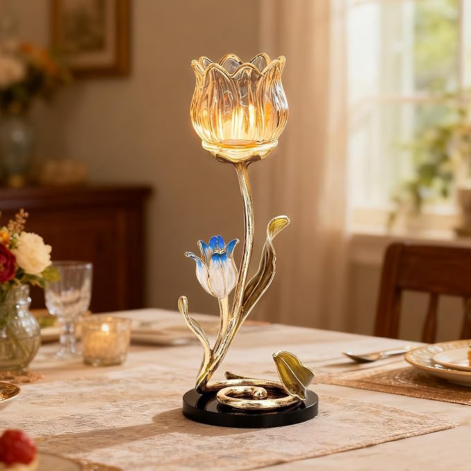 Luxury Crystal Glass Flower Candle Holder – Romantic French-Style Aromatherapy Tea Light Stand, Gold Floral Table Centerpiece for Weddings, Home Decor, Romantic Ambiance