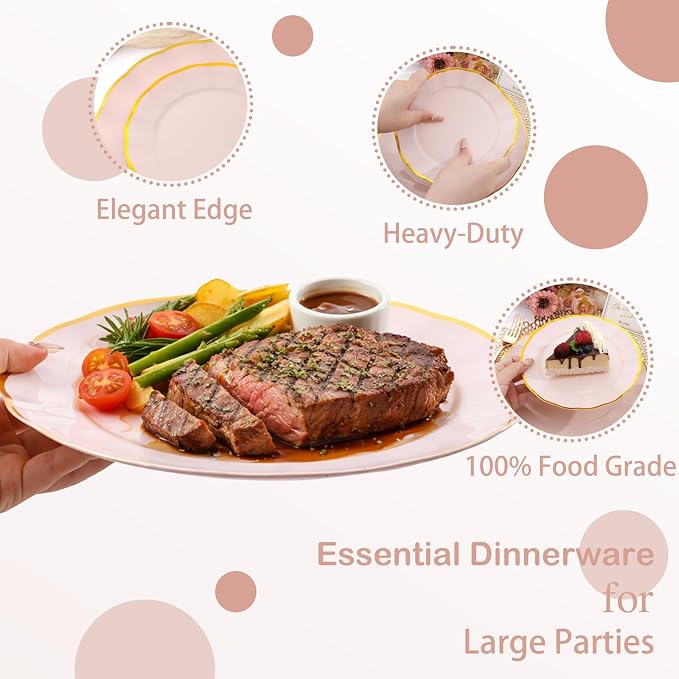 LIYH 350 Pcs Pink Plastic Plates for Party Pink Plastic Dinnerware Set for 50 Guest 100 Disposable Plates 150 Gold Plastic Silverware 50 Gold Cups 50 Napkins Perfect for Wedding Birthday