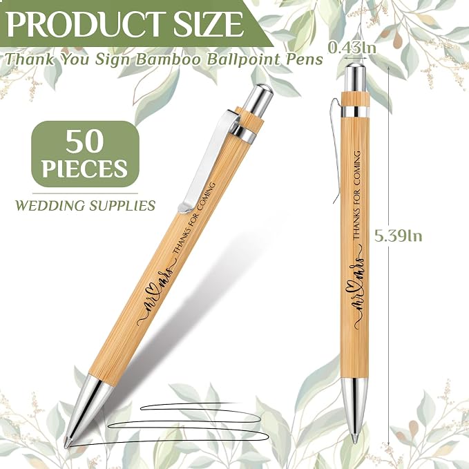 Fumete 50 Pieces Bamboo Wedding Pens Bulk Ballpoint Black Ink Bridal Shower Pens for Wedding Bridal Shower Guest Book Game Gifts Proposal Bachelor Party Favors