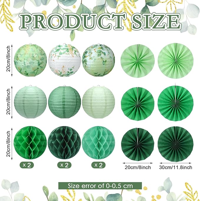 Retisee 18 Pcs Eucalyptus Leaves Sage Greenery Party Decorations Eucalyptus Leaves Hanging Paper Lanterns Sage Green Honeycomb Fans Honeycomb Ball for Neutral Green Theme Party Ceiling Decor Supplies