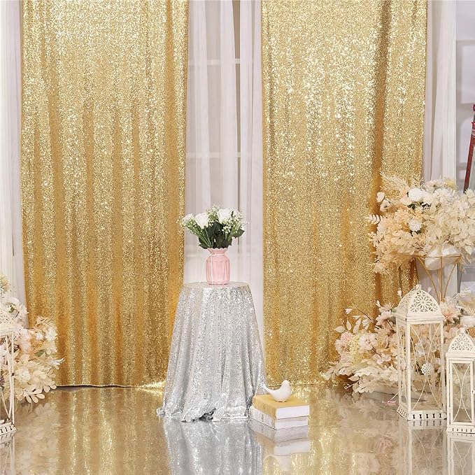 Eternal Beauty Sequin Backdrop Curtains, 2x8 Ft-2 Panels Gold Back Drop for Mother's Day Shimmer Photography Party Wedding Birthday Decor