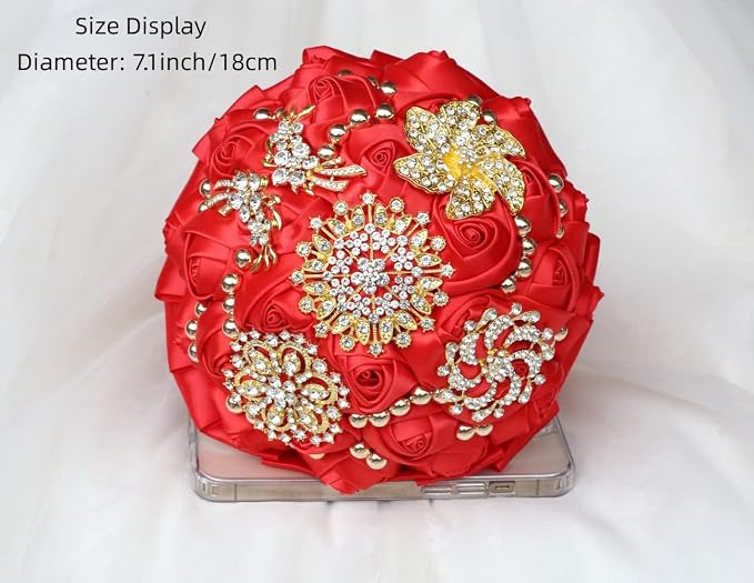 Red Bridal Wedding Bouquet Luxury Gold Rhinestone Brooch Bouquet for Bride Bridesmaid Quinceanera Satin Red Rose Artificial Flower Bouquet Wedding Red 7.1in,Bouquet3218G-Red18