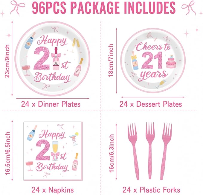 96PCS 21st Champagne Bottle Birthday Decorations Happy 21st Pink Champagne Tableware Set Cheers to 21 Years Paper Plates Napkins for Girls Martini Theme Twenty-One Party Supplies Serve 24 Guests