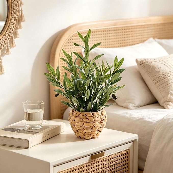 AlphaAcc 17.7" Artificial Olive Plant in Water Hyacinth Basket - Faux Olive Tree for Desk, Office & Mediterranean Decor