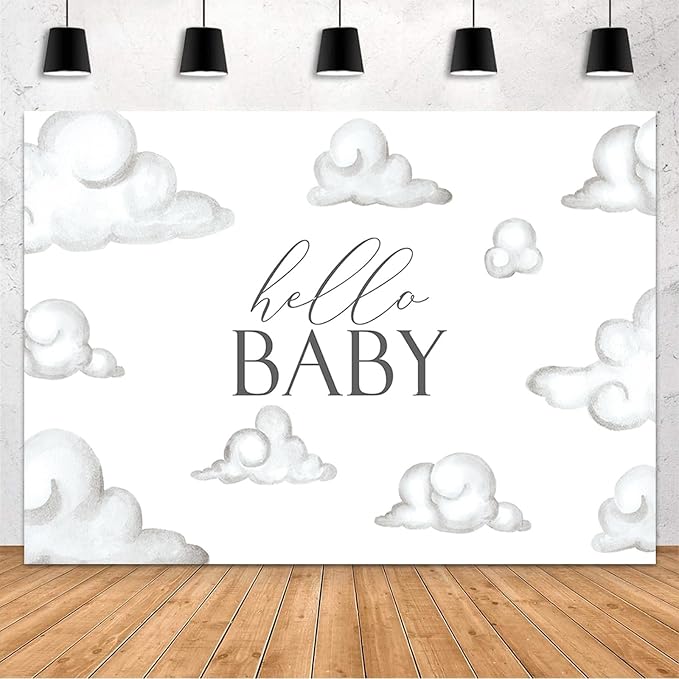 MEHOFOND Hello Baby Baby Shower Backdrop White Clouds Baby Birthday Party Decorations Backdrop White Cloud Baby Shower Party Decorations Cake Table Banner Supplies Photo Studio Props(7x5ft)