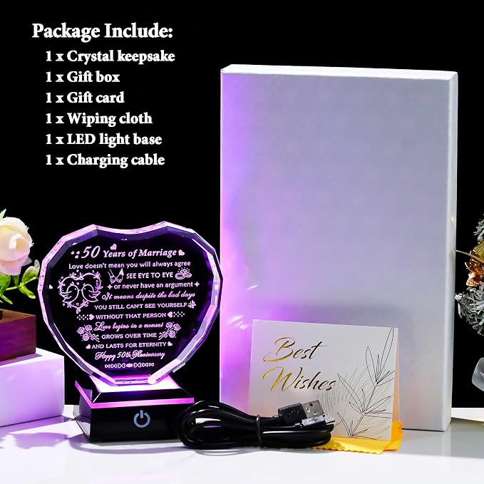 Arikyrist 50th Wedding Anniversary Crystal Gifts for Couple Parents, Laser Engraved 50 Years Anniversary Heart Keepsake Gifts for Wife Husband, Romantic 50 Year of Marriage Gift for Him Her Friends