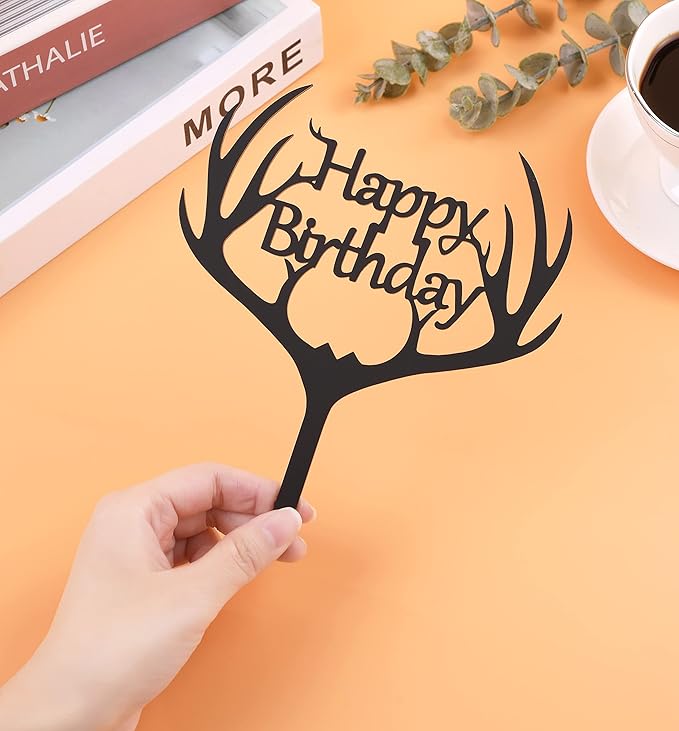 LOVENJOY Gift Boxed Antler Happy Birthday Cake Topper Black Frosted Acrylic, Hunting Birthday Cake Topper for Men Dad Hunter