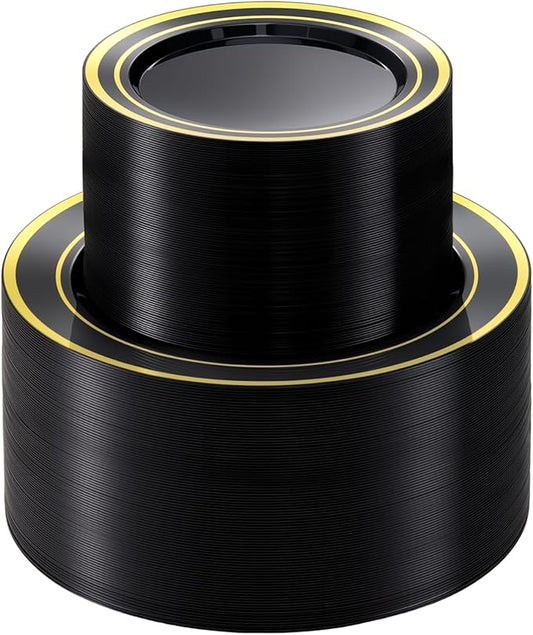 BESTVIP 200PCS Black Plastic Plate with Gold Rim, Disposable Party Plates with 100 Dinner Plates and 100 Dessert Plates, Plastic Plates for Party, Wedding and Birthday