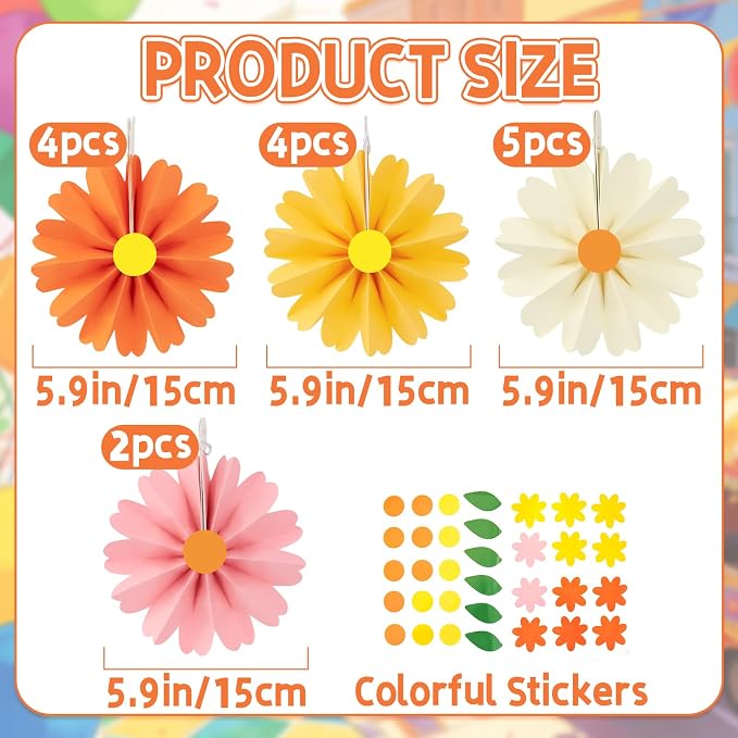 SUNBEAUTY 15Pcs Daisy Paper Fans Party Decorations for Wall, Reusable Pink and Orange Paper FlowersSpring Summer Mini Fan Hanging Paper Floral Decor for Girls Women Birthday Party Backdrop - 6inch