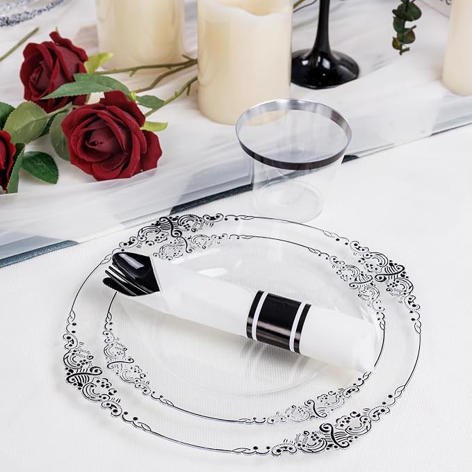 Hioasis 175pcs Clear and Black Plates - Black Party Plates for 25 Guest, Include 50 Heavy-duty Plates(20% Thicker Than Standard), 25 Pre Rolled Gold Plastic Silverware Set, 25 Cups