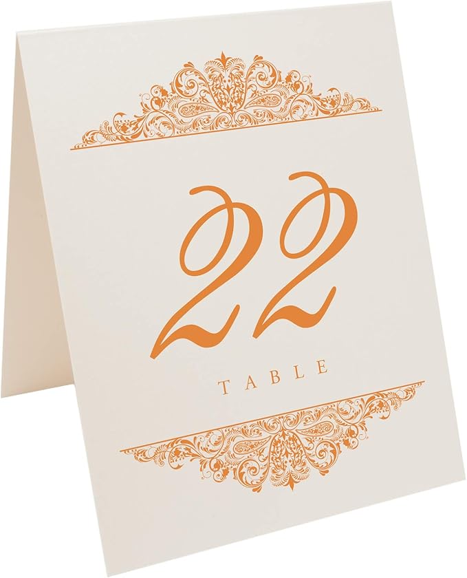 Paisley Wedding Table Numbers (Select Color/Quantity), Champagne, Orange, 1-125, Double Sided, Tent or Use in a Stand, Great for Parties & Restaurants - Made in the USA