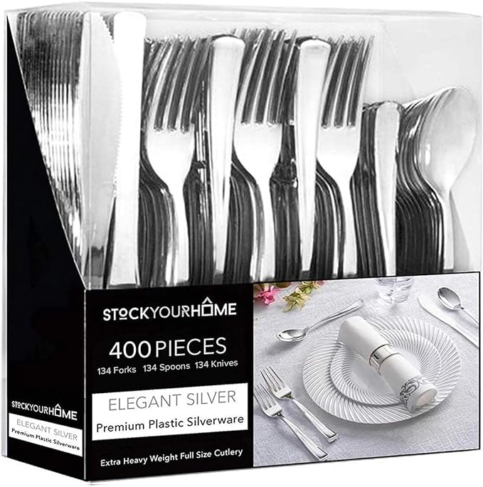 Silver Plastic Silverware Set (400-Pack) – Disposable Heavy Duty Cutlery, 134 Forks, 134 Knives, 134 Spoons for Parties, Weddings, Dinners & Holidays, Stock Your Home