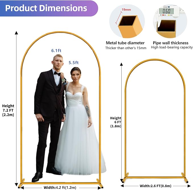Hemmotop Gold Metal Arch Backdrop Stand Set of 2, 7.2ft and 6ft | Pieces are Labeled for Easy Assembly, Ground Stakes for Stable Base, Versatile for Wedding, Bridal Shower, Party Decoration