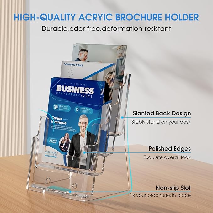 KTRIO 4 Tier Acrylic Brochure Holder 6 x 9, Clear Pamphlet Display Stand Plastic Flyer Organizer for Literature, Catalogs, Desk & Wall Mount, 2 Pack