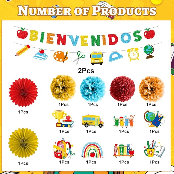Welcome Back to School Decorations - 16PCS Spanish Bienvenidos Party Banners Hanging Swirls Paper Fans Pompoms Decor, First Day of School Classroom Party Home Decor Supplies