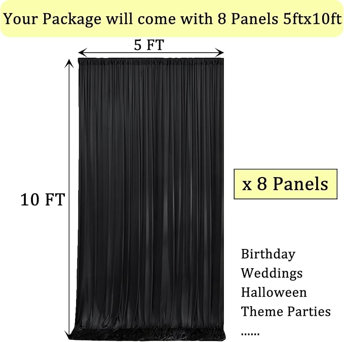 40ftx10ft Wrinkle Free Black Backdrop Curtain for Parties, 8 Panels Silky Polyester Black Photo Backdrop Drapes Back Drop Cloth Draping Fabric for Birthday Wedding Graduation Photography Background