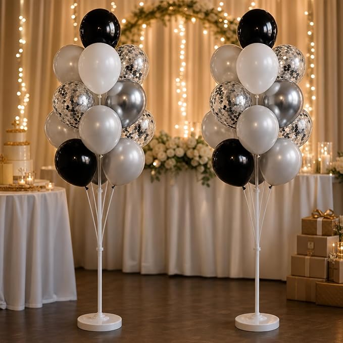 Balloon Column Stand Kit,2 Sets of Assorted Rainbow Balloon Tower Pillar with 10inch Bright Color baloon Reusable Design for Grirls Party,Birthday, Wedding,Baby Shower (Black Silver)