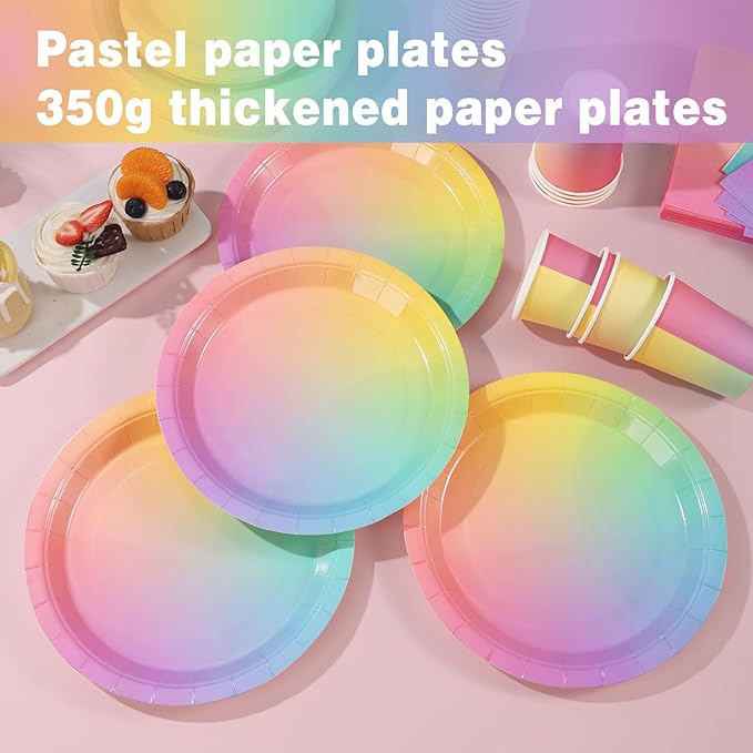 Rainbow Birthday Decorations for Girls, Pastel Rainbow Plates and Napkins 200Pcs, Girl Birthday Plates and Napkins, Easter Mother's Day Hawaiian Luau Colorful Pride Month, Serves 50