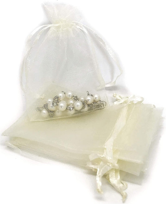 TheDisplayGuys 48-Pack 4x6 Cream/Beige Sheer Organza Gift Bags with Drawstring, Goodie and Treat Bags for Jewelry, Candy, Wedding Favors