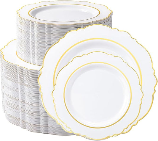 realluck 200PCS White and Gold Plastic Plates, Elegant Baroque Gold Rim Disposable Plates - 100 Dinner & 100 Dessert Plates, fancy plastic plates for Wedding, Anniversary