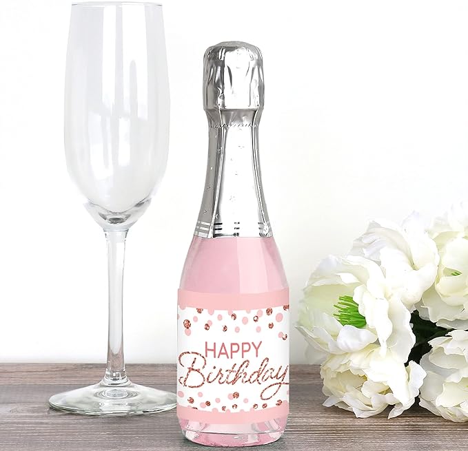 Big Dot of Happiness Pink Rose Gold Birthday - Mini Wine and Champagne Bottle Label Stickers - Happy Birthday Party Favor Gift for Women and Men - Set of 16